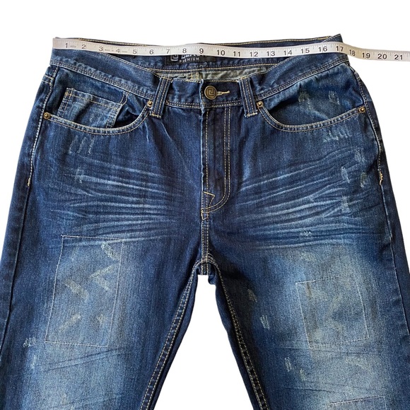 CJ Black Premium Patchwork Distressed Straight Slim Dark Wash Jeans Size 34 x 34 - Picture 8 of 14